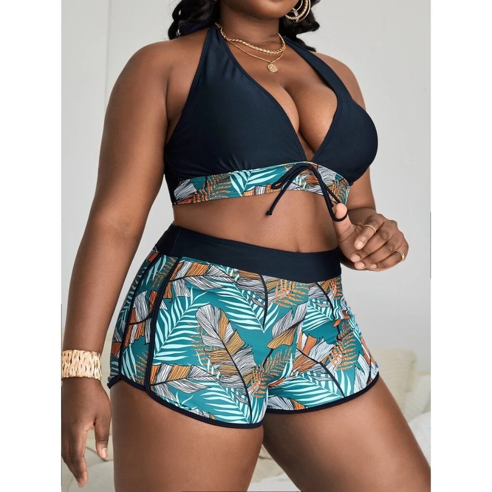 High Waisted Tropical Swimsuit W/Beach Shorts 1XL
